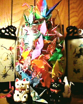 International Origami Peace Cranes in a Jar Guarded by White & Black Maneki Neko